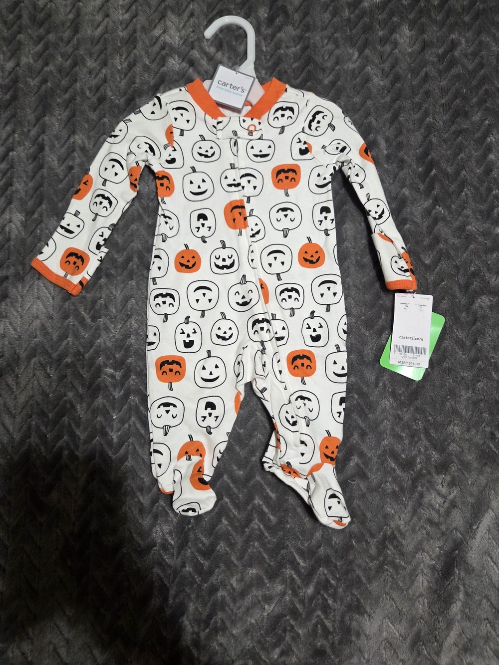 Carter's White, Orange & Black Pumpkin Face Footed One-Piece